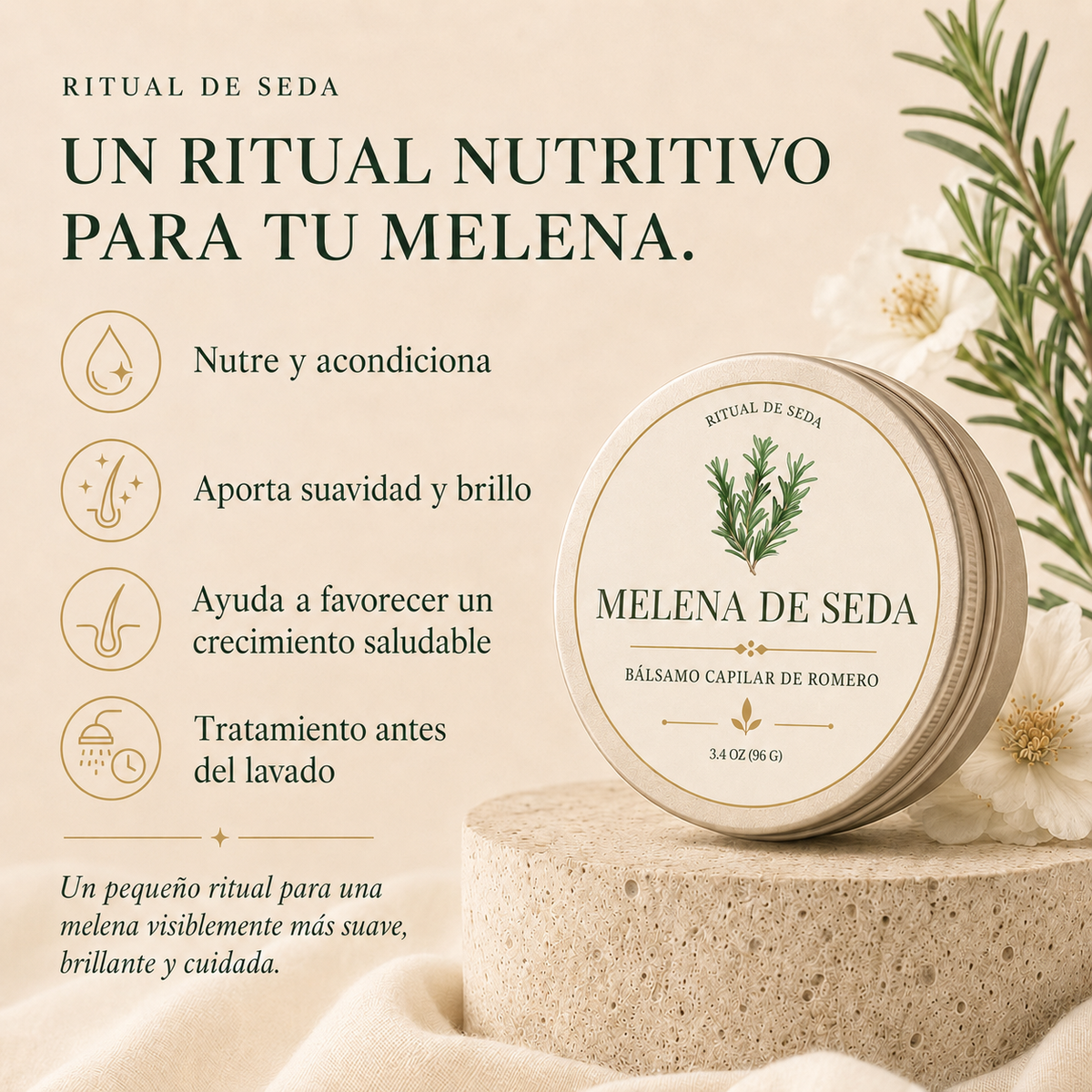Melena de Seda – Bálsamo Capilar Botánico con Romero y Aceites Nutritivos | 3.4 oz